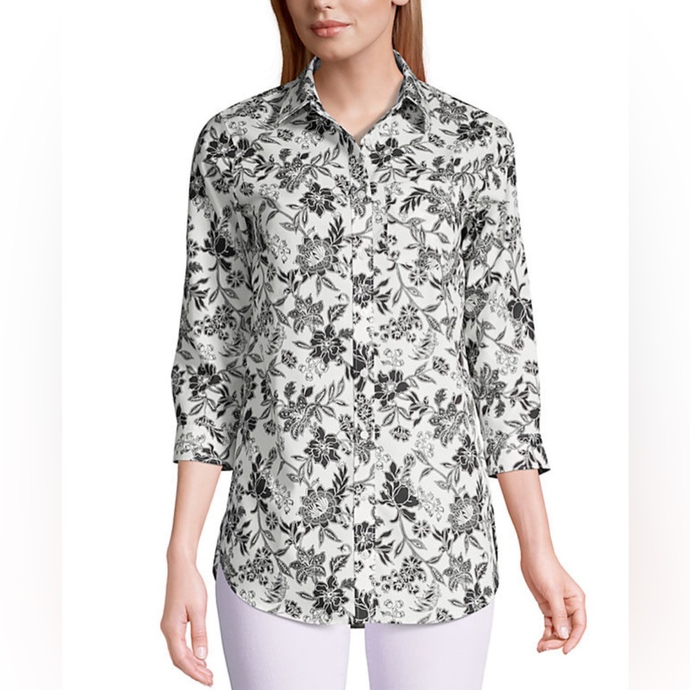 Lands’ End Black and White Floral Print Supima Cotton Button Front Top Size 10P